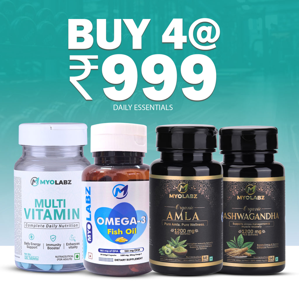 MyoLabz Daily Essentials Combo Pack of 4 – Multivitamin, Omega-3, Ashwagandha & Amla Tablets for Daily Wellness