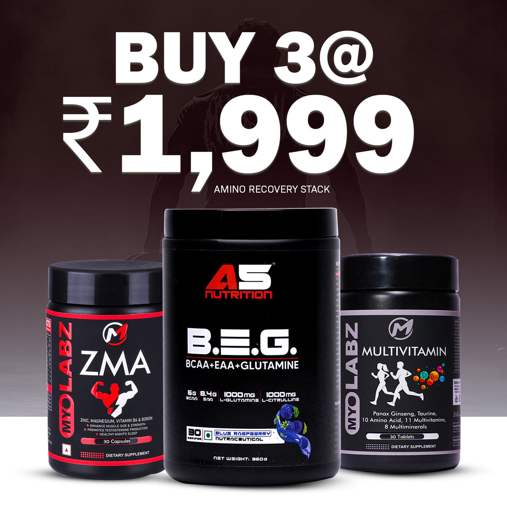 Amino Recovery Stack – A5 B.E.G BCAA + EAA + Glutamine + MyoLabz Multivitamin (30 Tablets) + ZMA (30 Capsules) | Supports Muscle Recovery, Hydration & Endurance | Pack of 3