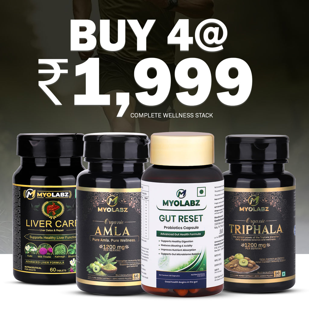 MyoLabz Complete Wellness Stack – Gut Reset Probiotics (60 Capsules) + Liver Care (60 Tablets) + Organic Triphala 1200 mg + Organic Amla (60 Tablets Each) | Supports Gut Balance, Liver Health & Immunity | Pack of 4