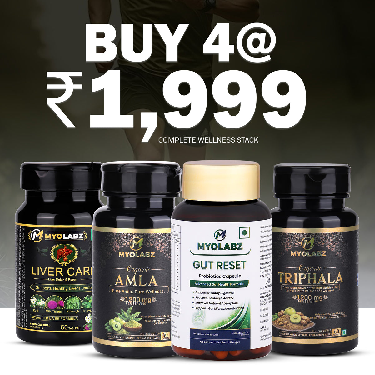 MyoLabz Complete Wellness Stack – Gut Reset Probiotics (60 Capsules) + Liver Care (60 Tablets) + Organic Triphala 1200 mg + Organic Amla (60 Tablets Each) | Supports Gut Balance, Liver Health & Immunity | Pack of 4