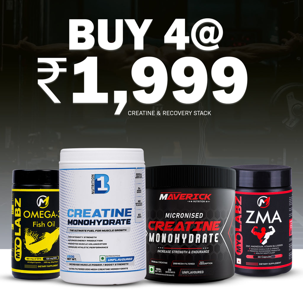 Creatine & Recovery Stack Pack of 4 – B1 Creatine 250 g, Maverick Creatine, ZMA & Omega-3 for Strength & Recovery