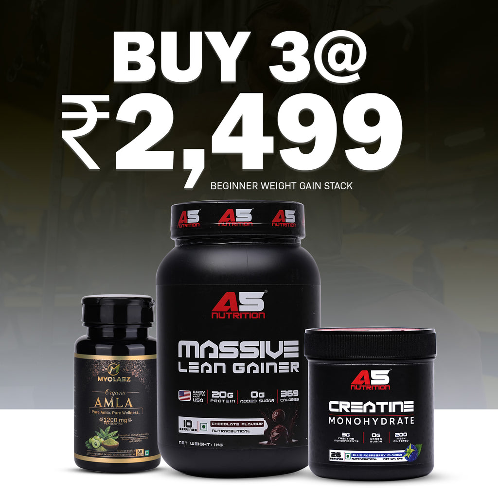 Beginner Weight Gain Stack Pack of 3 – A5 Lean Gainer Chocolate 1 kg, Creatine Blue Raspberry & Amla for Healthy Weight Gain