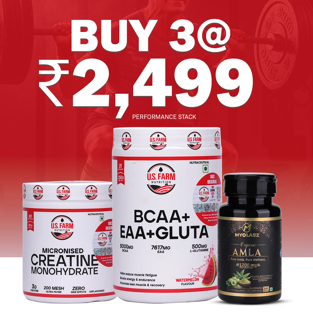 U.S. Farm Performance Stack – EAA + BCAA + Glutamine Powder & Creatine Monohydrate Powder with MyoLabz Organic Amla Tablets | Pre/Post Workout Supplement Combo for Muscle Recovery, Strength & Immunity | Pack of 3