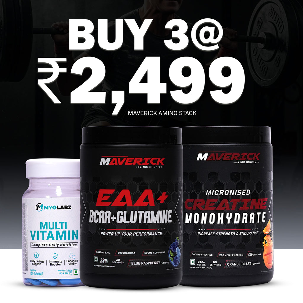 Maverick Amino Stack – EAA + BCAA + Glutamine Powder & Flavoured Creatine Monohydrate (60 Servings) with MyoLabz Multivitamin Tablets | Pre/Post Workout Gym Supplement Combo for Muscle Recovery & Strength | Pack of 3