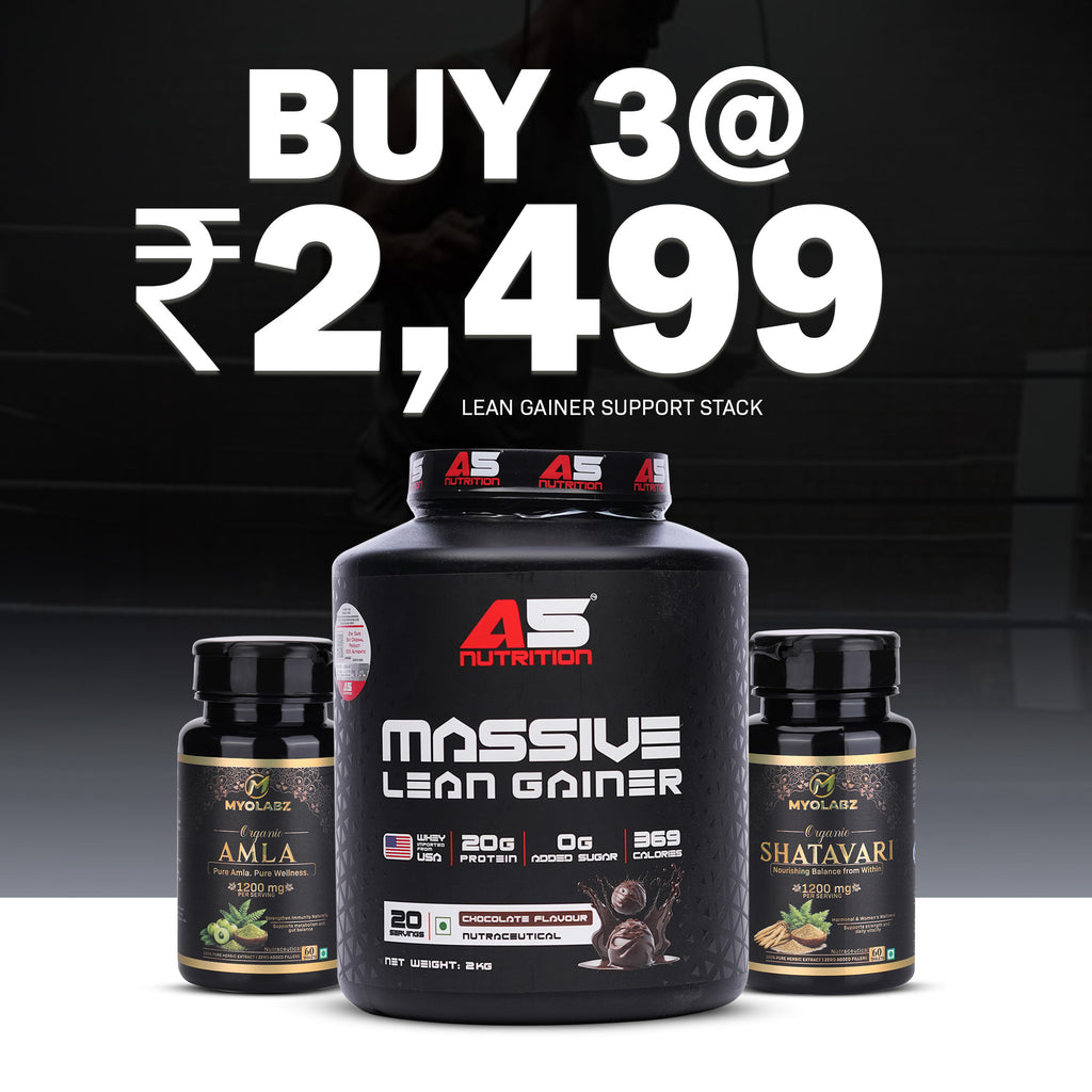 Lean Gainer Support Stack Pack of 3 – A5 Lean Gainer Chocolate 2 kg, Amla & Shatavari Tablets | Weight Gainer Combo for Healthy Mass & Strength