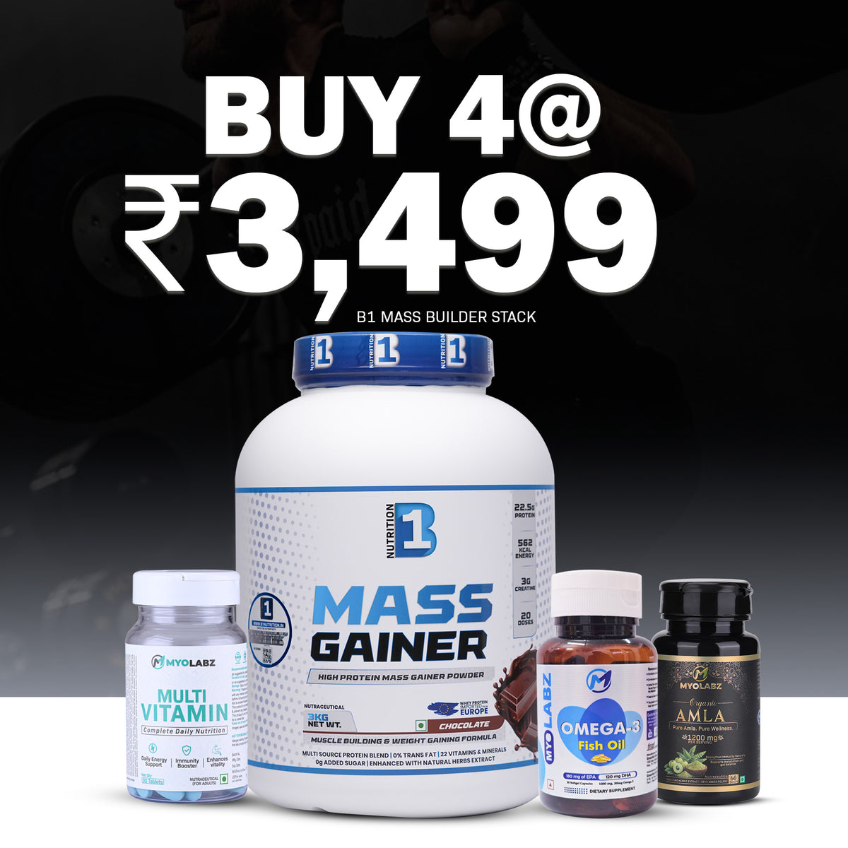 B1 Mass Builder Stack Pack of 4 – Mass Gainer Chocolate 3 kg, Multivitamin, Omega-3 & Amla | Weight Gainer Combo for Mass & Strength