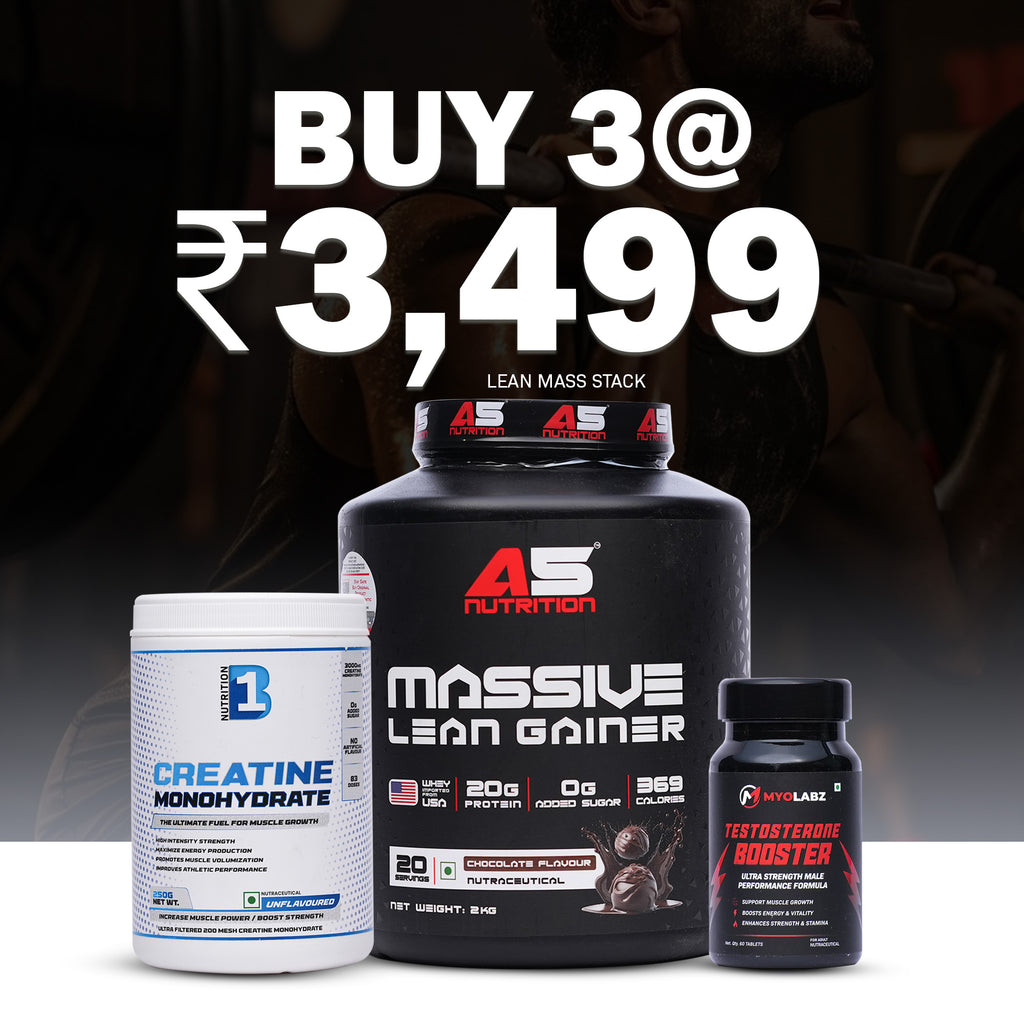 A5 Lean Mass Stack Pack of 3 – Lean Gainer Chocolate 2 kg, Creatine 250 g & Testosterone Booster | Lean Muscle & Strength Combo