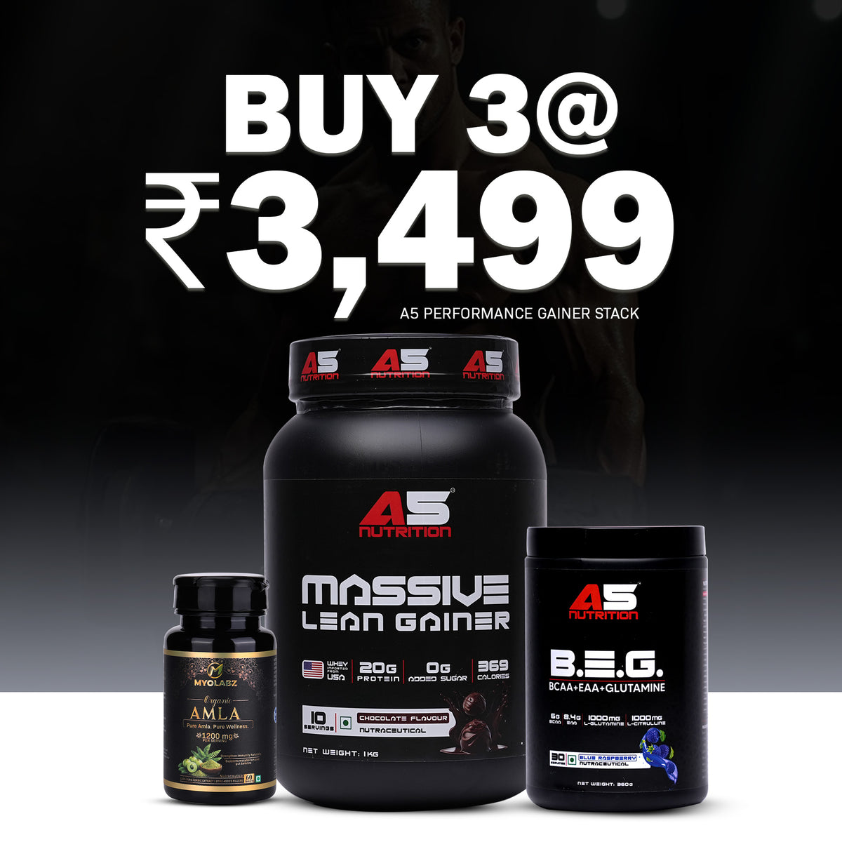 A5 Performance Gainer Stack Pack of 3 – Lean Gainer Chocolate 1 kg, BCAA EAA Glutamine & Amla | Gainer Combo for Muscle Mass & Recovery