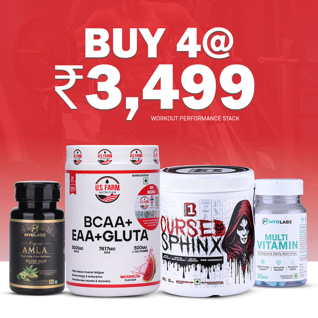 Workout Performance Stack Pack of 4 – EAA BCAA Glutamine, Pre-Workout, Amla & Multivitamin | Gym Combo for Energy & Recovery