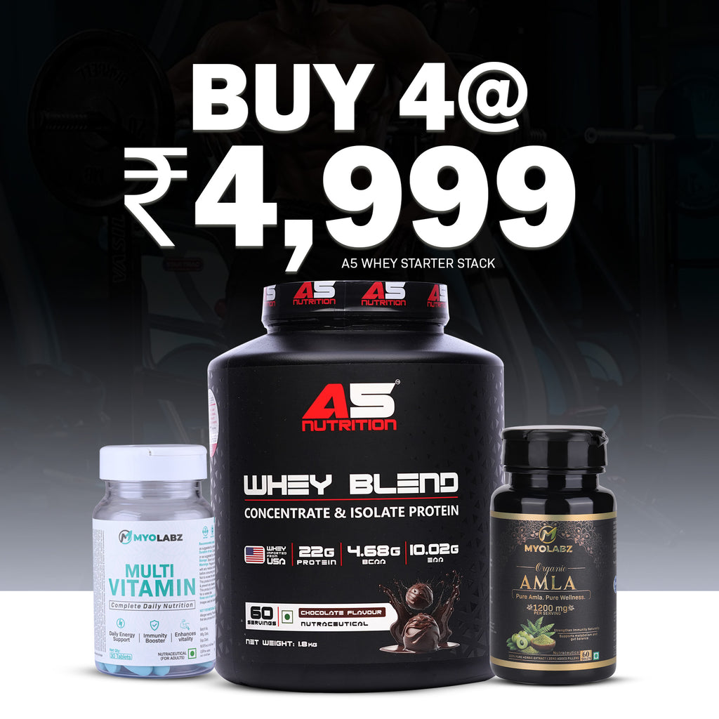 A5 Whey Starter Stack Pack of 3 – Whey Protein Blend Chocolate 1.8 kg, Multivitamin & Amla | Protein Combo for Muscle Recovery