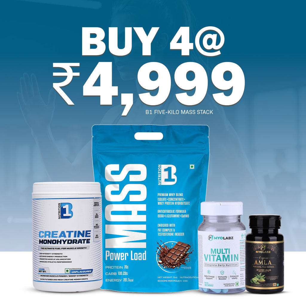 B1 5kg Mass Stack Pack of 4 – Mass Gainer Chocolate 5 kg, Creatine 250 g, Multivitamin & Amla | Weight Gainer Combo for Mass & Strength