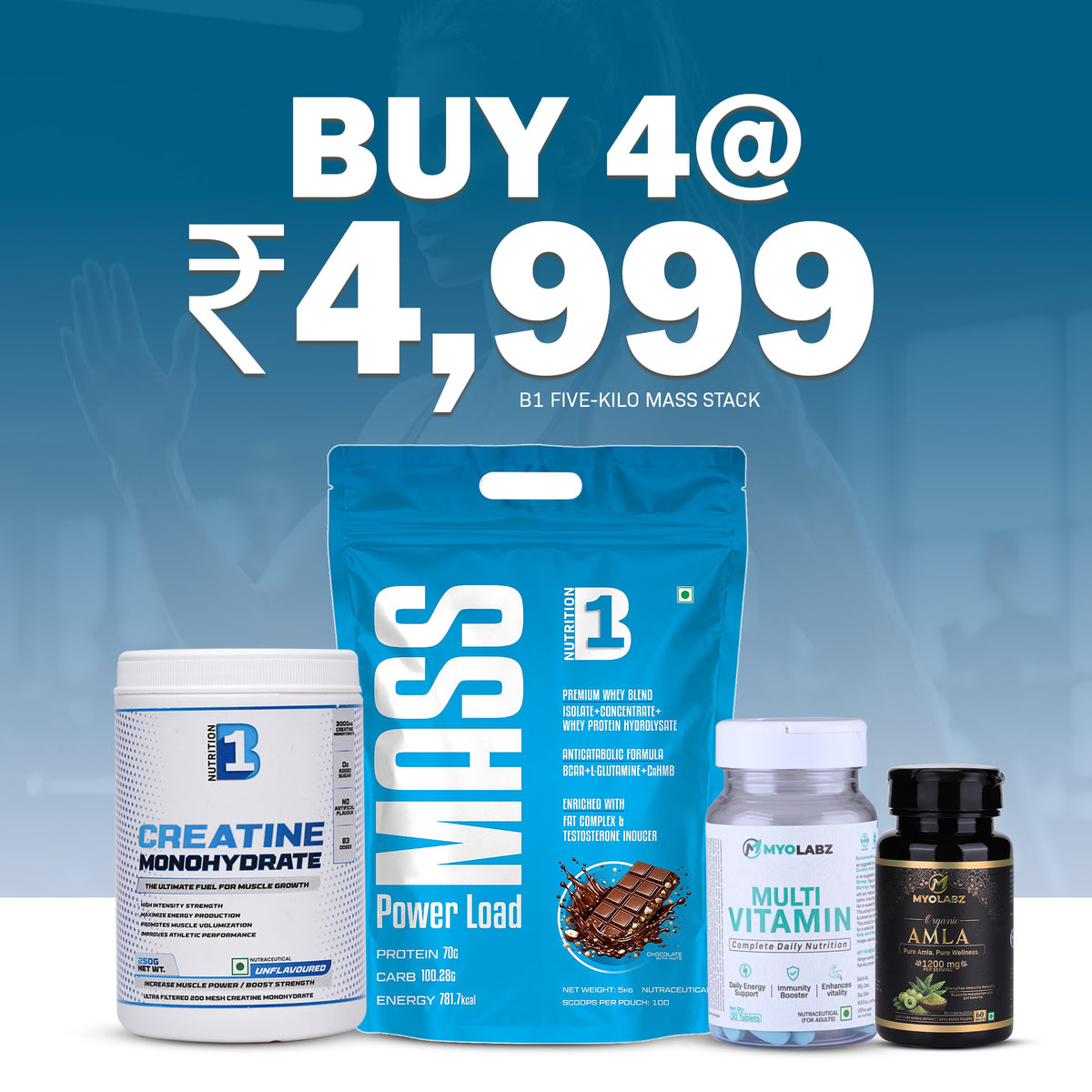 B1 5kg Mass Stack Pack of 4 – Mass Gainer Chocolate 5 kg, Creatine 250 g, Multivitamin & Amla | Weight Gainer Combo for Mass & Strength