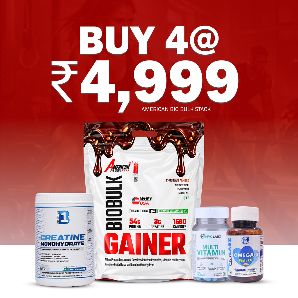 American Bio Bulk Stack Pack of 4 – Bio Bulk Gainer 5 kg, Creatine 250 g, Multivitamin & Omega-3 | Weight Gainer Combo for Mass & Strength