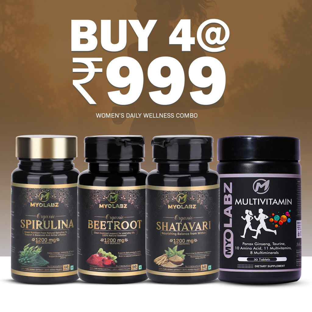MyoLabz Women's Daily Wellness Combo Pack of 4 – Shatavari, Spirulina, Beetroot & Multivitamin Tablets for Energy & Vitality