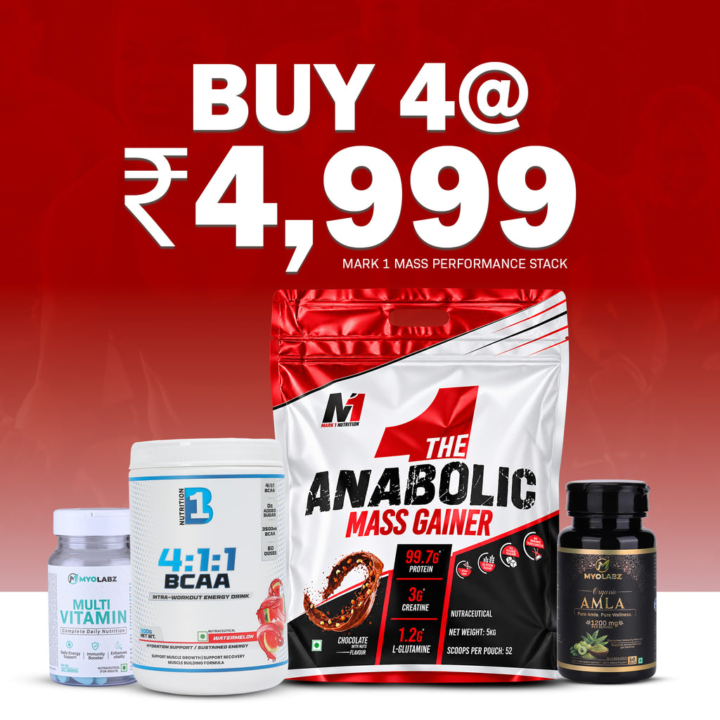 Mark 1 Mass Performance Stack Pack of 4 – Mass Gainer 5 kg, BCAA 4:1:1, Multivitamin & Amla | Gainer Combo for Mass & Recovery