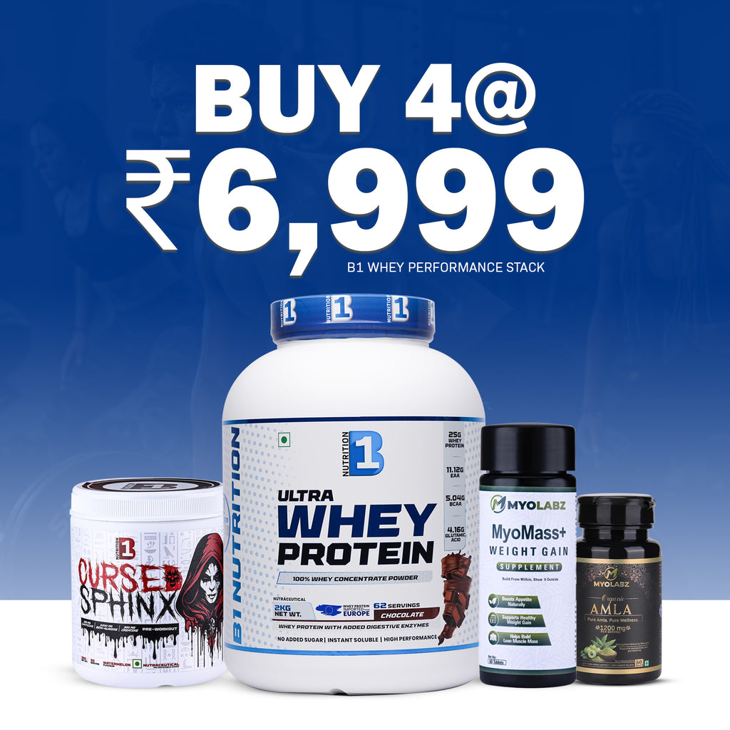 B1 Whey Performance Stack Pack of 4 – Whey Protein Chocolate 2 kg, Pre-Workout, MyoCore & Amla | Gym Combo for Strength & Recovery