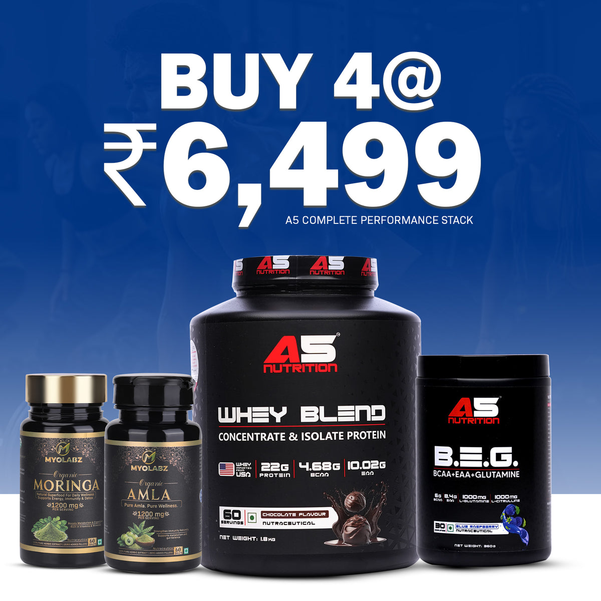 A5 Complete Performance Stack – Whey Protein Blend Powder (Chocolate, 1.8 kg) + B.E.G BCAA + EAA + Glutamine with MyoLabz Organic Amla & Moringa Tablets | Protein & Amino Combo for Muscle Recovery & Immunity | Pack of 4