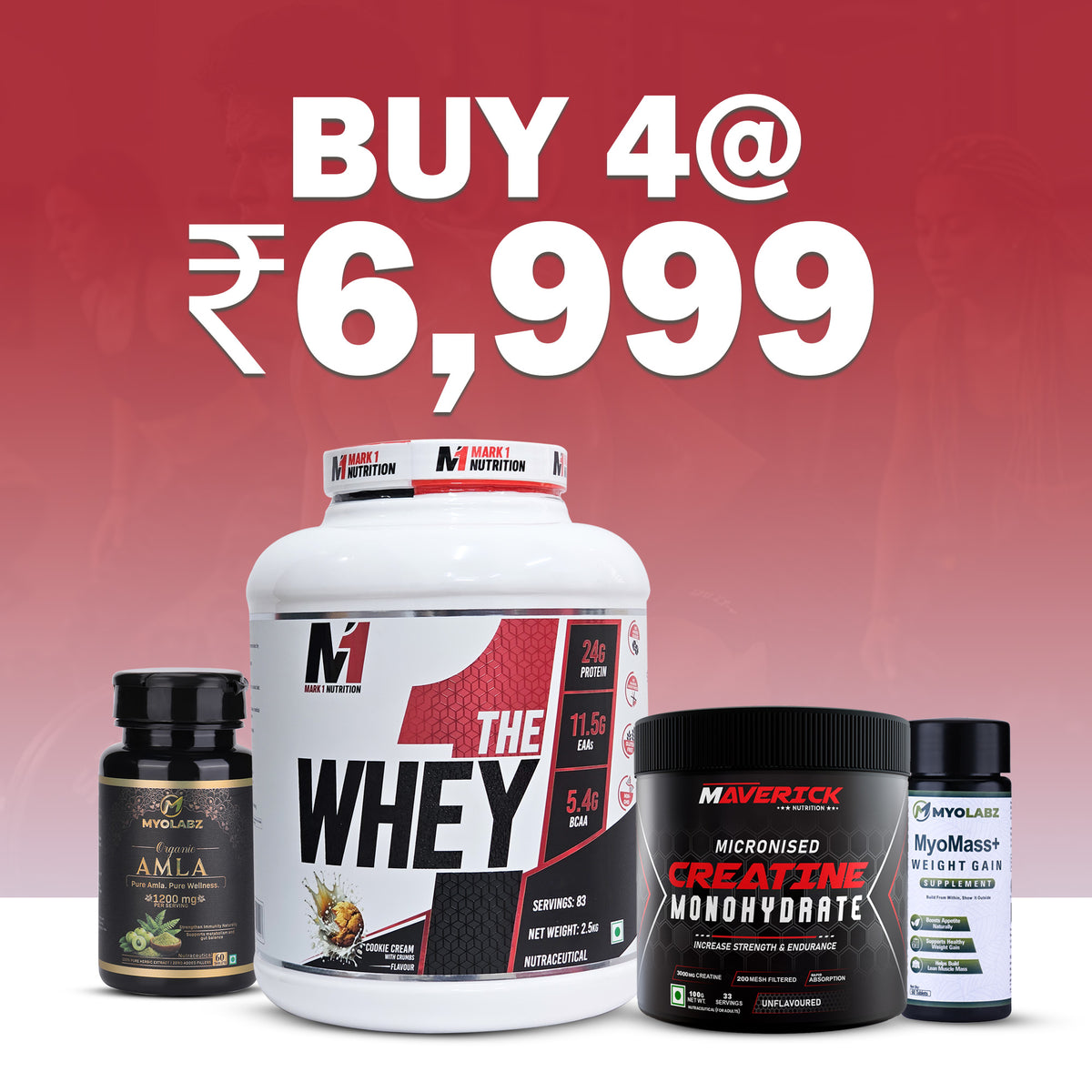 Mark 1 Whey Essentials Stack Pack of 4 – Whey Protein Chocolate Nuts 2.5 kg, Creatine, MyoCore & Amla | Gym Combo for Strength & Recovery