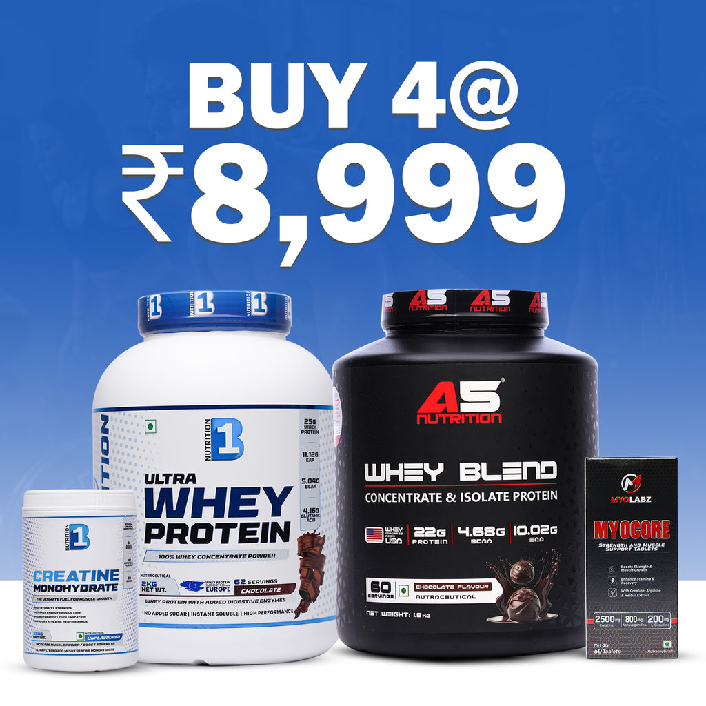 Double Whey Value Stack Pack of 4 – Whey Protein 2 kg, Whey Blend 1.8 kg, Creatine 250 g & MyoCore | 3.8 kg Protein Combo