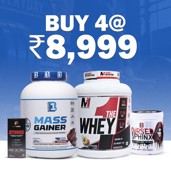Mark 1 Whey + B1 Mass Stack Pack of 4 – Whey Protein 2.5 kg, Mass Gainer 3 kg, Pre-Workout & MyoCore | Bulking Combo for Mass & Strength