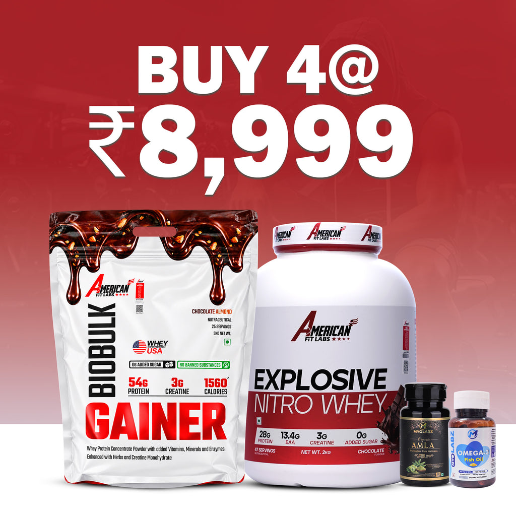 American Whey + Bulk Stack Pack of 4 – Nitro Whey 2 kg, Bio Bulk Gainer 5 kg, Omega-3 & Amla | Whey & Mass Gainer Combo