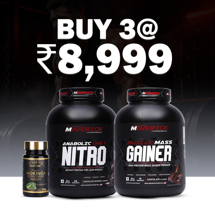 Maverick Muscle Builder Stack Pack of 3 – Whey Nitro 2 kg, Mass Gainer 3 kg & Moringa | Whey & Gainer Combo for Muscle Mass