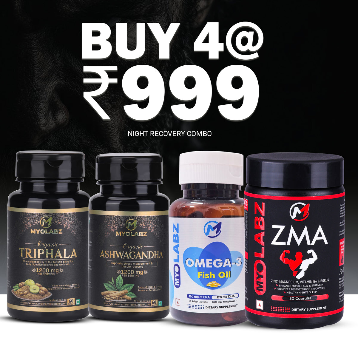 MyoLabz Night Recovery Combo Pack of 4 – ZMA, Ashwagandha, Triphala & Omega-3 for Muscle Recovery & Relaxation