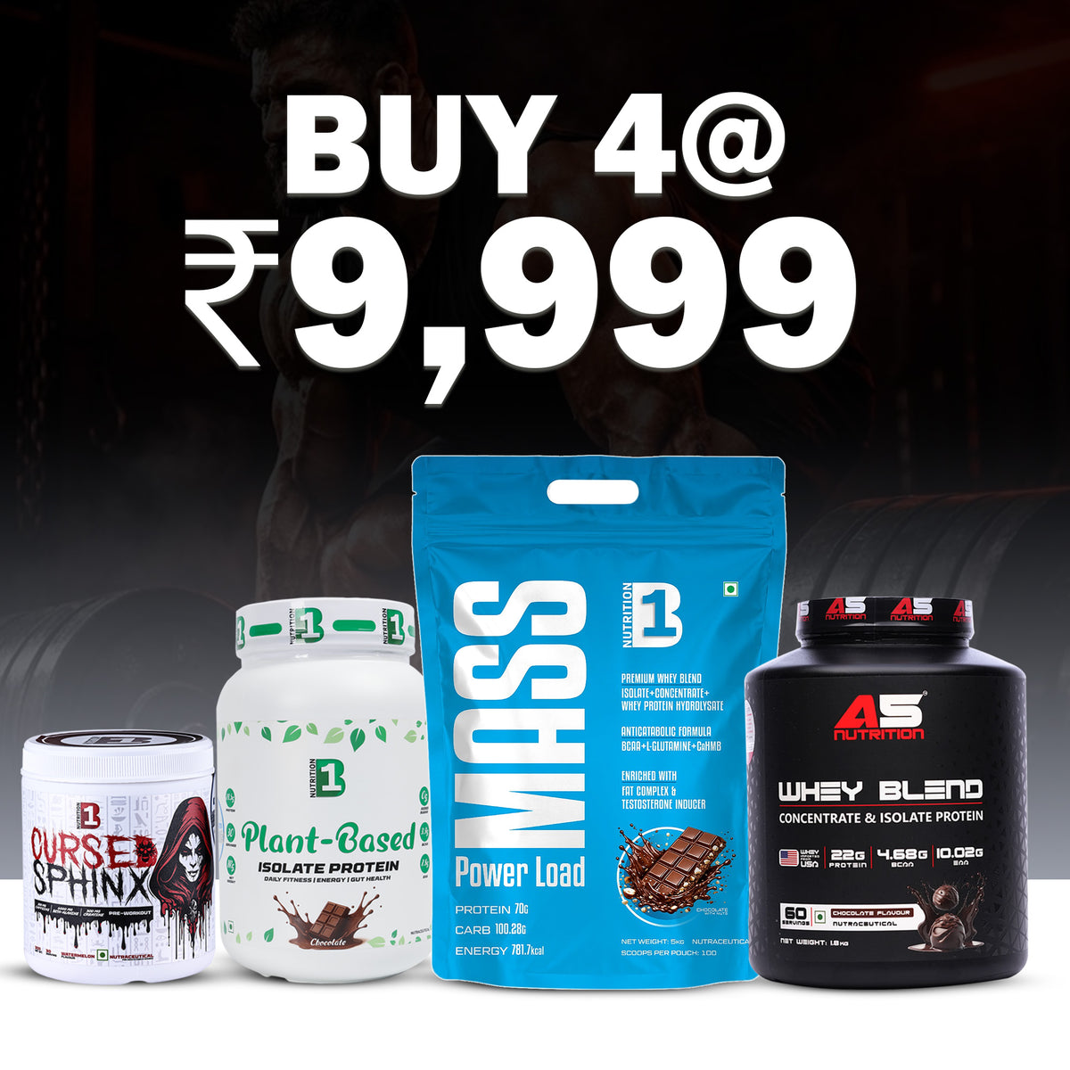 Plant + Whey + Mass Stack Pack of 4 – Plant Protein 1 kg, Mass Gainer 5 kg, Whey Blend 1.8 kg & Pre-Workout | Gym Protein Combo