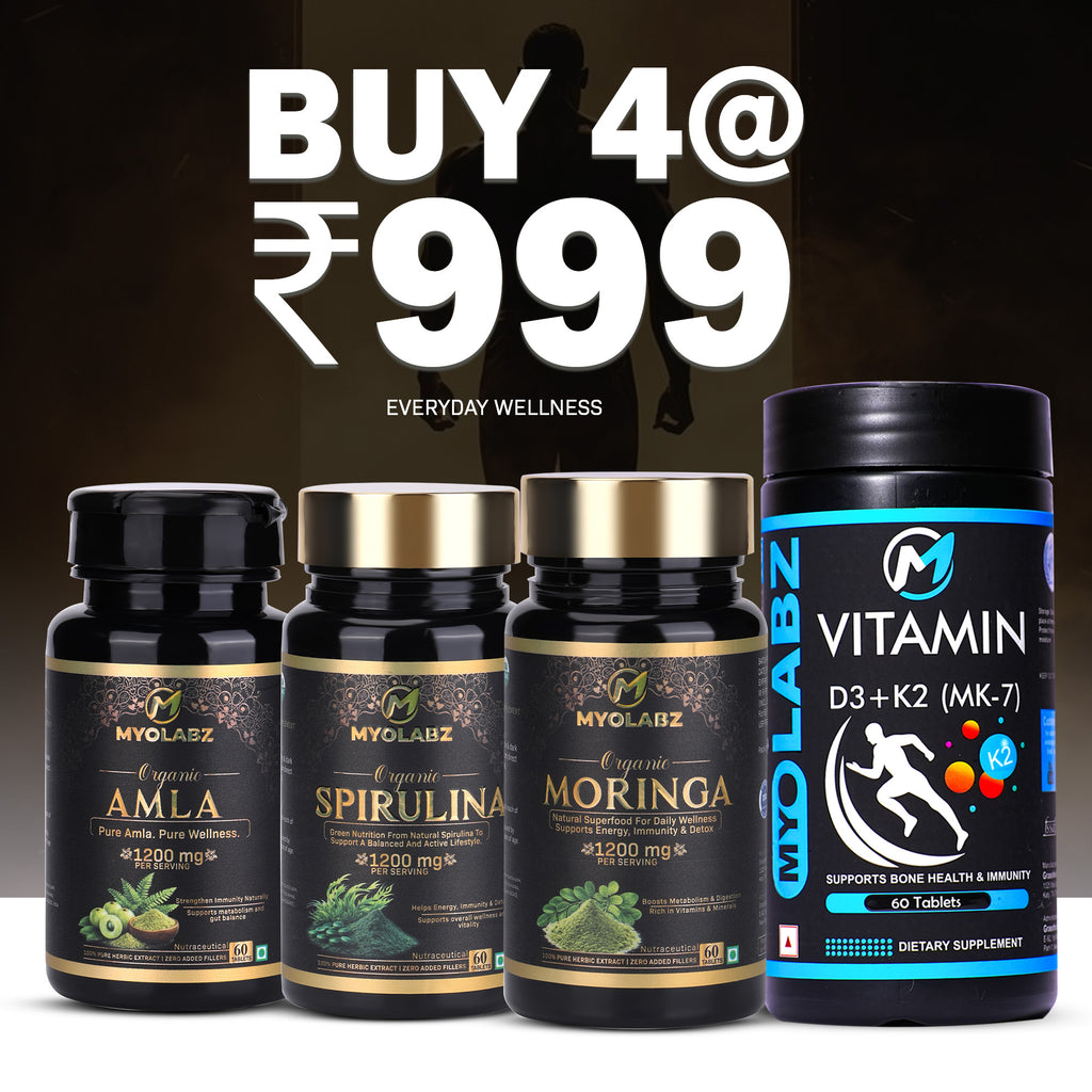 MyoLabz Everyday Wellness Combo Pack of 4 – Vitamin D3 K2, Amla, Moringa & Spirulina Tablets for Immunity & Energy