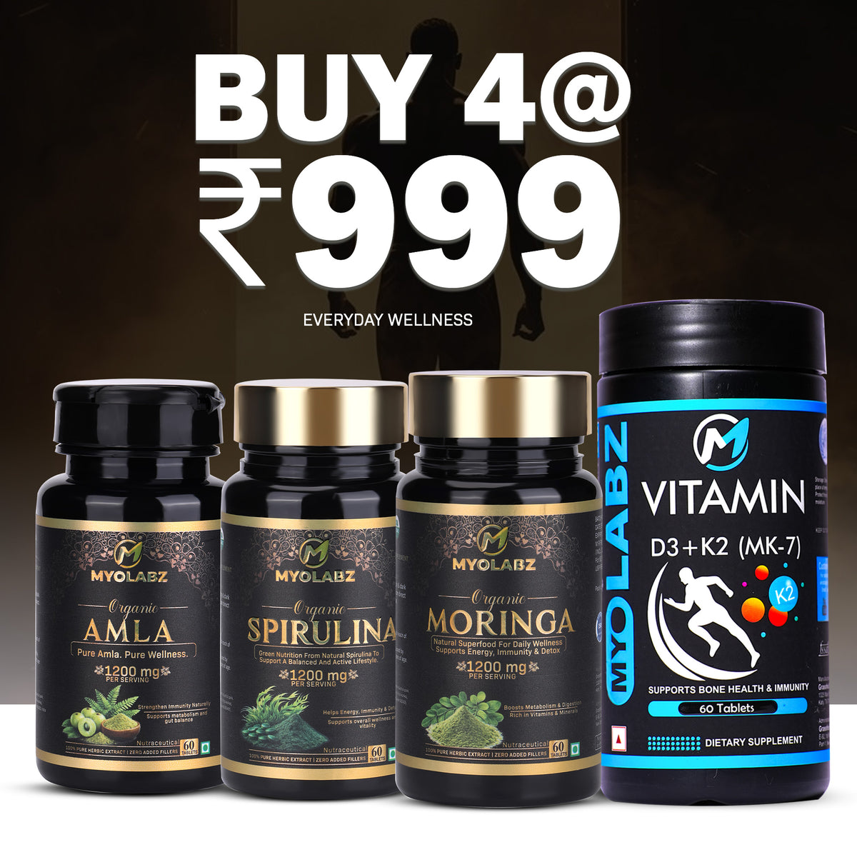 MyoLabz Everyday Wellness Combo Pack of 4 – Vitamin D3 K2, Amla, Moringa & Spirulina Tablets for Immunity & Energy