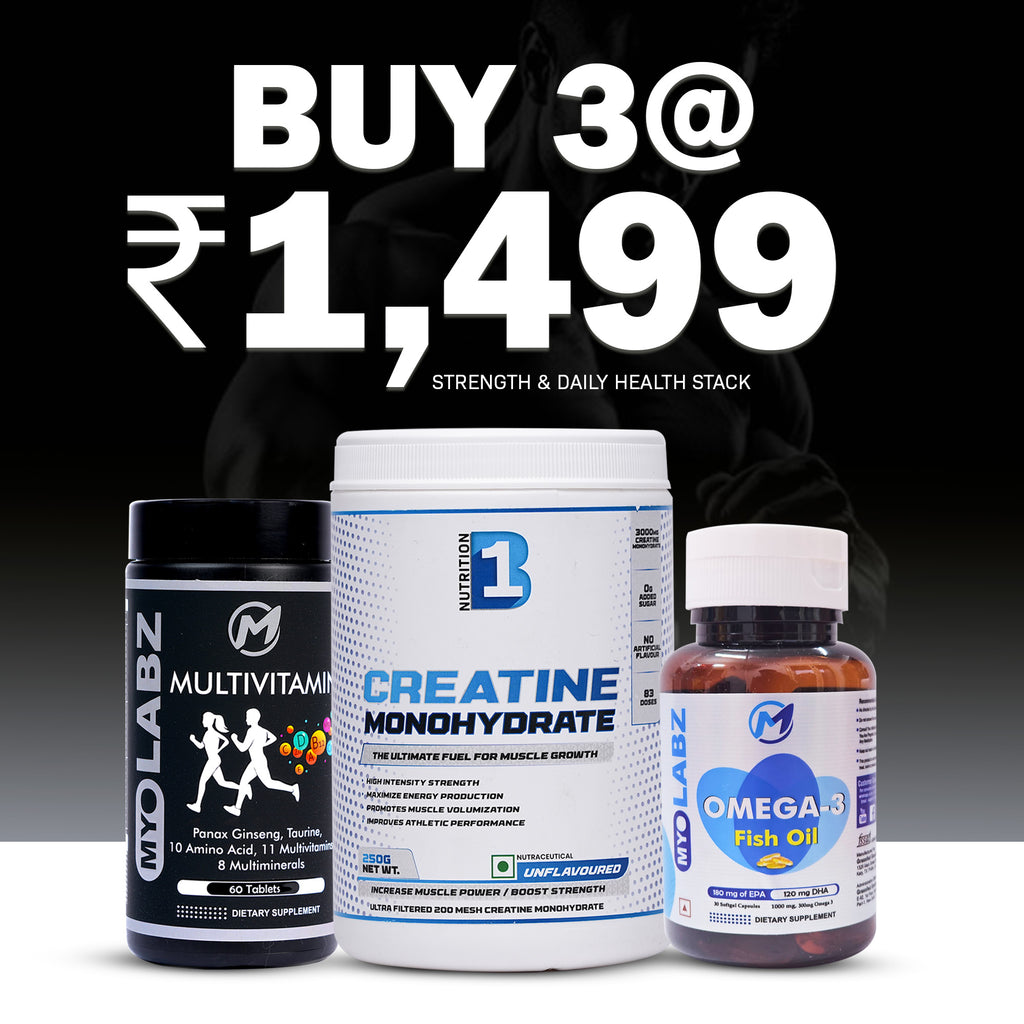 Strength & Daily Health Stack Pack of 3 – B1 Creatine Monohydrate 250 g, Multivitamin & Omega-3 for Strength & Wellness