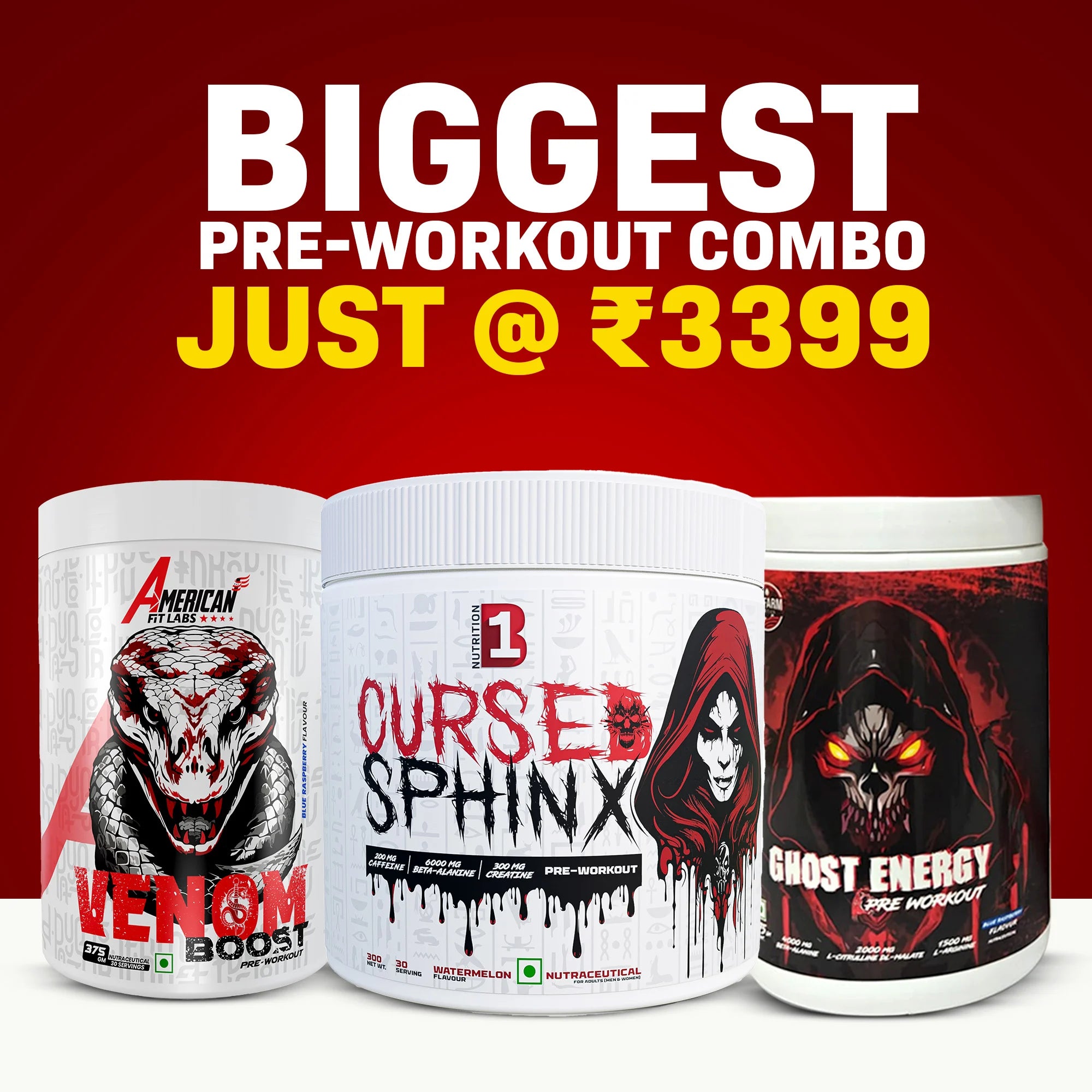 Ultimate Pre-Workout Combo Offer | Cursed Sphinx + Venom Boost + Ghost Energy | Best 3-in-1 Pre-Workout Stack Deal Online India