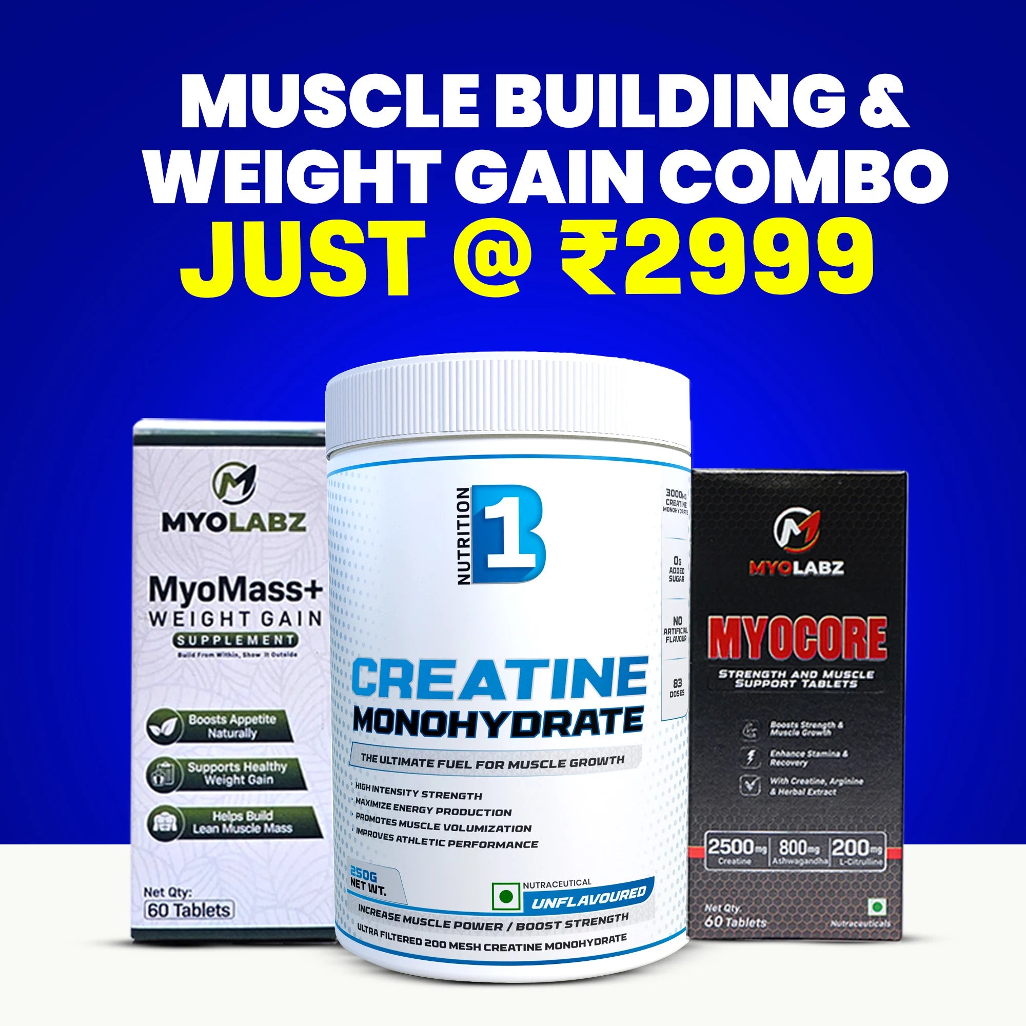 Beginner Bulking Stack Under ₹3,000 — Creatine + MyoMass+ + Myocore for New Lifters