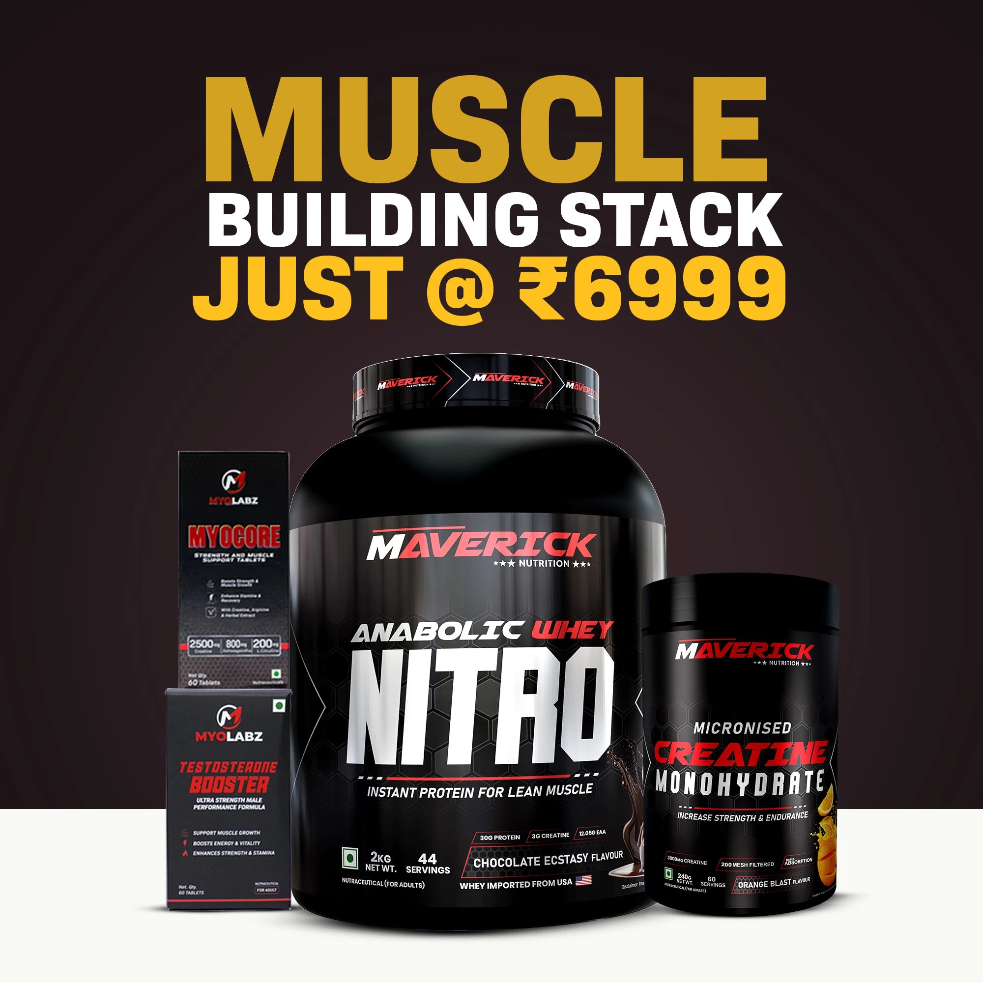 Maverick Muscle Building Stack Offer | Whey Nitro + Creatine + Myocore + Testosterone Booster | Best Premium Muscle Combo Deal Online India